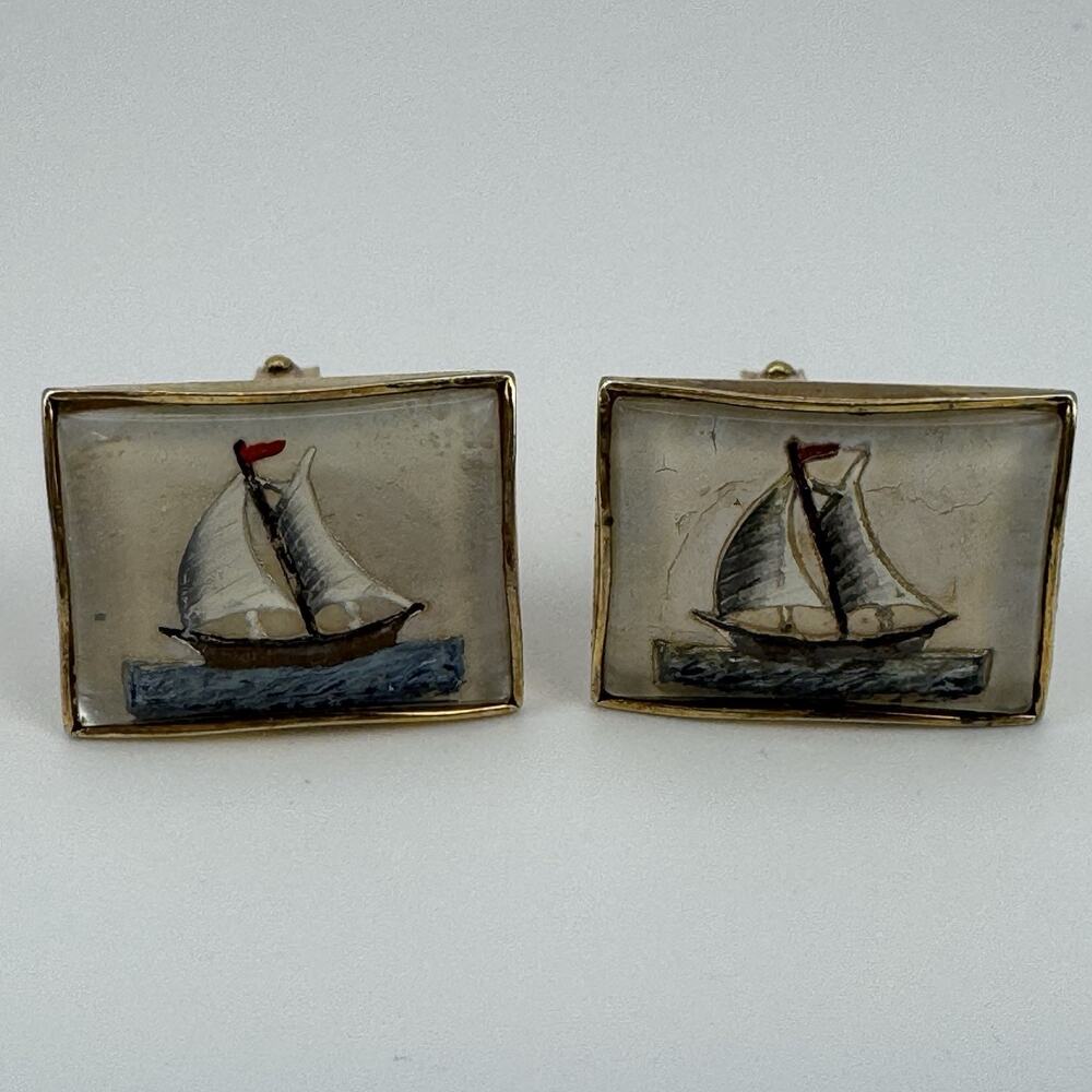 Vtg Cufflinks Sail Boat Gold Tone Unique Nautical